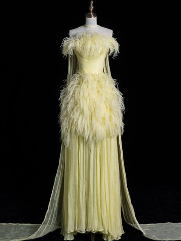 A line Off The Shoulder Yellow Chiffon Party Dress Long Prom Dress Evening Dresses SD1840 HZ0628